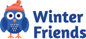 Image Description: Winter Friends Logo, a blue, cartoon owl wearing a winter hat sitting on the right side of the text that says winter friends. End Description