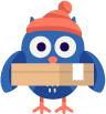 Image Description: A cartoon owl with a winter hat holding a package. End Description
