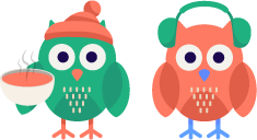 Image Description: Two cartoon owls sitting next to each other. One in a winter hat holding a cup of a warm brew, and one wearing ear warmers. End Description